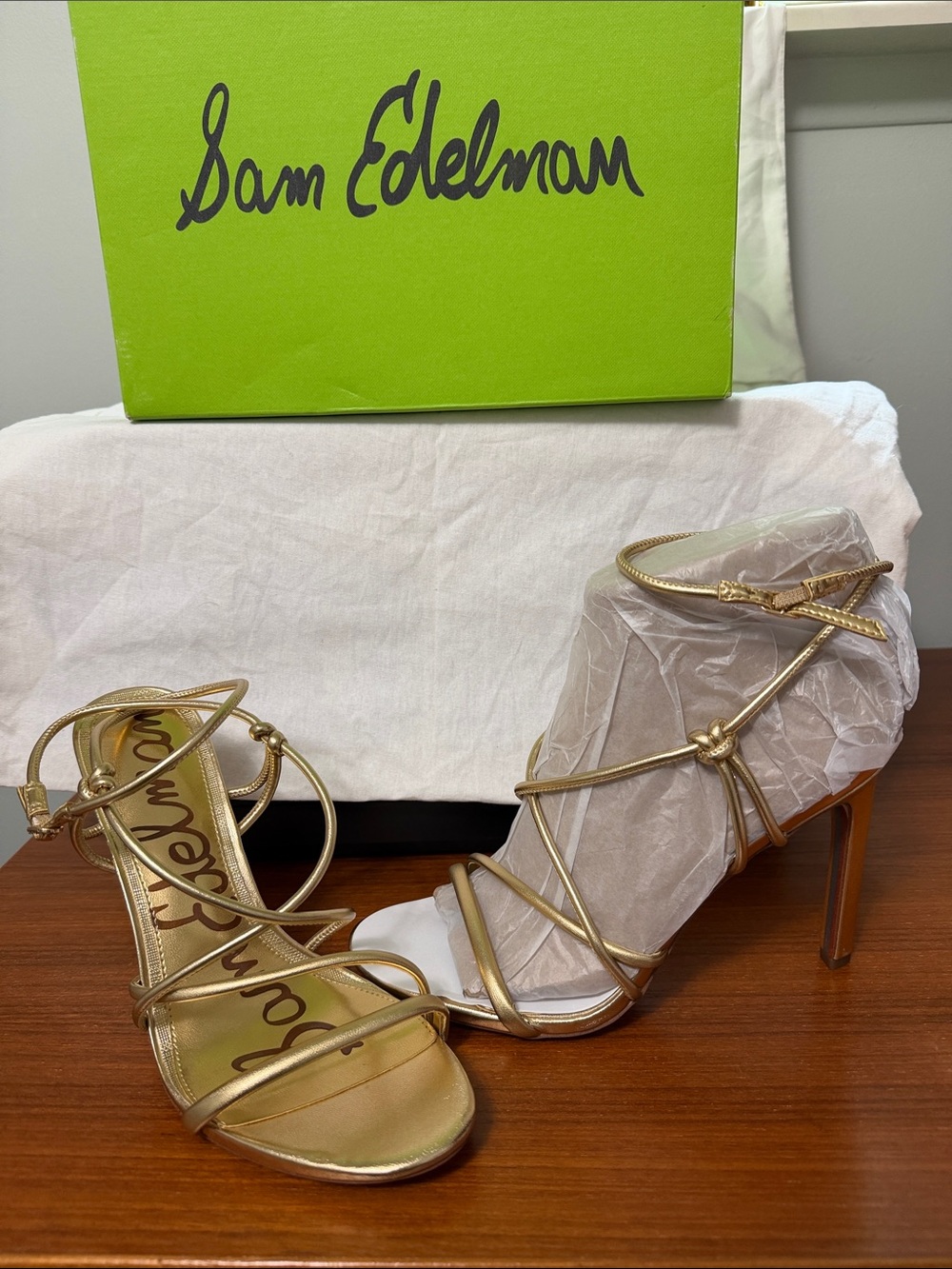 Sam Edelman Metallic Gold Strappy Knot Heel Sandals